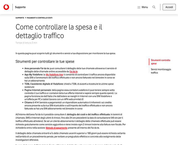 La leggibilità del sito Vodafone è compromessa da una font troppo piccola